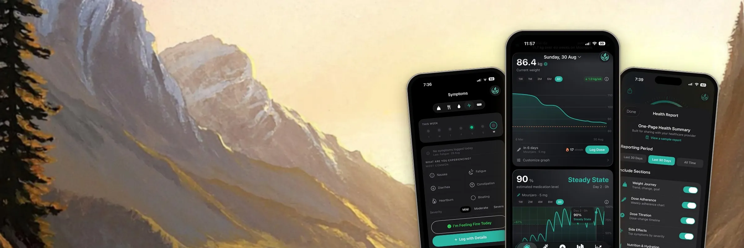 Althea on three iPhones, its weight, symptoms and health report screens, over a painted mountain valley